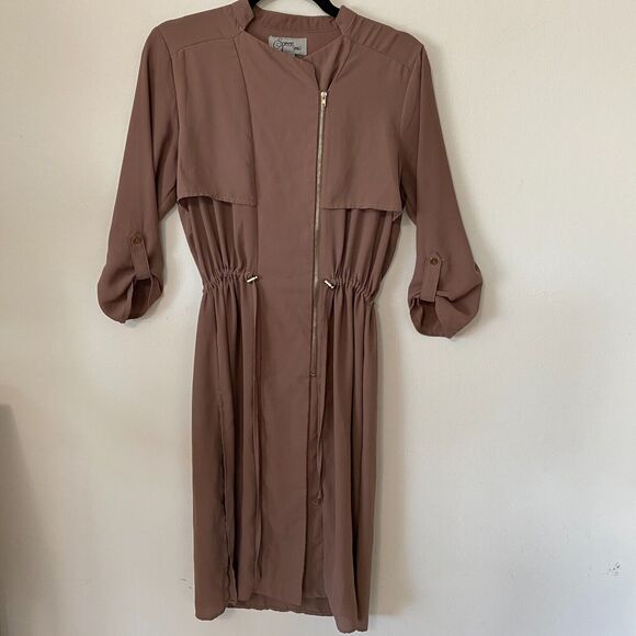 Spoon Milk Chocolate Utility Cinch Waist Tab Sleeve Shirtdress Front Zip S - Picture 5 of 12